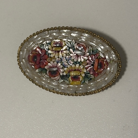 Vintage Italian Micro Mosaic Floral Oval Brooch - Picture 4 of 7